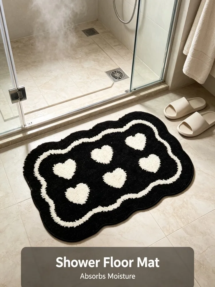 Cute 6 White Hearts Wavy‑Edge Bath Rug Soft Flannel Absorbent Non‑Slip Floor Mat Sweet Love‑Shape Carpet For Bathroom Bathtub Be