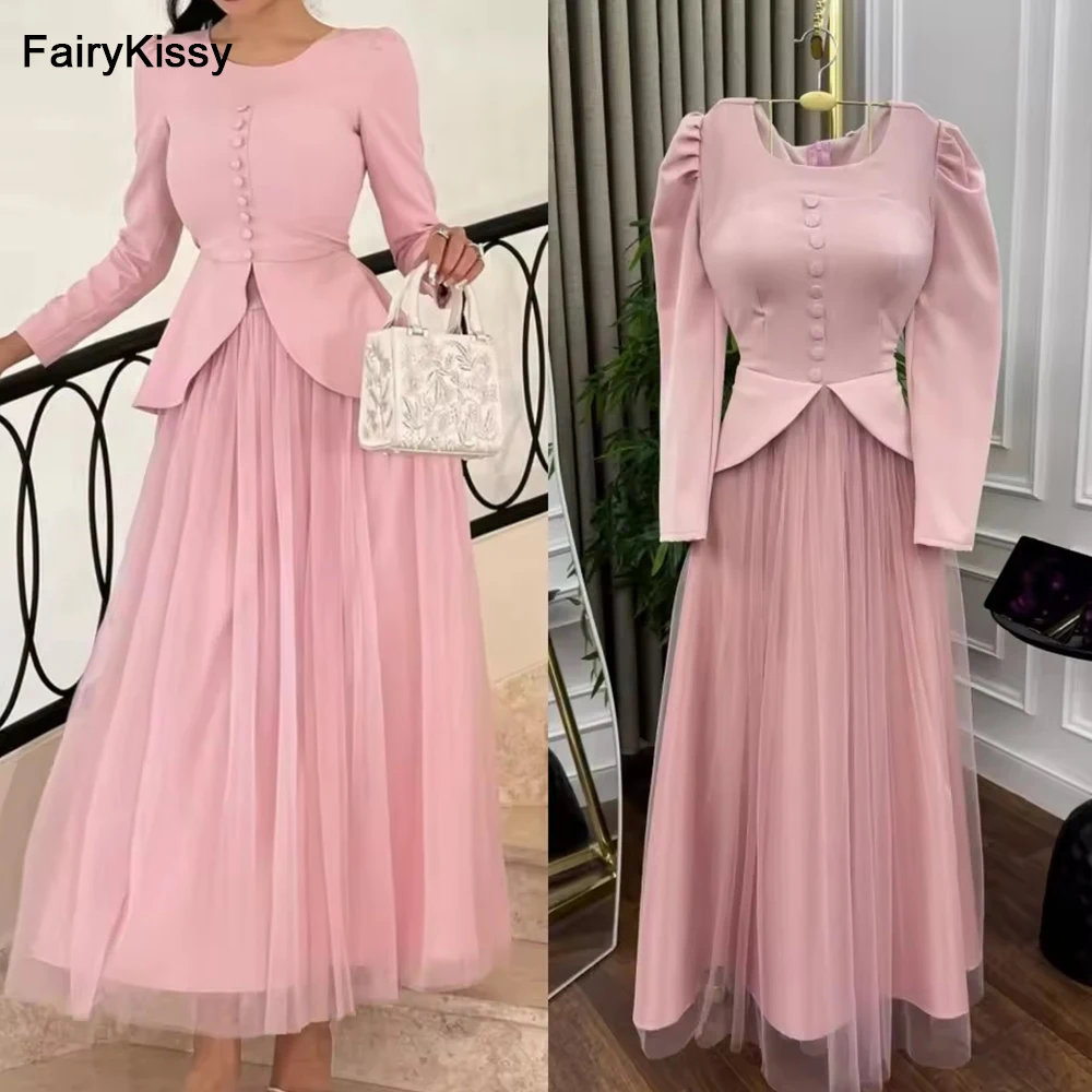 

FairyKissy Exquisite Modern Style Jersey Tulle Button Pleat Draped A-line Scoop Neck Midi Dresses Bespoke Occasion Dresses