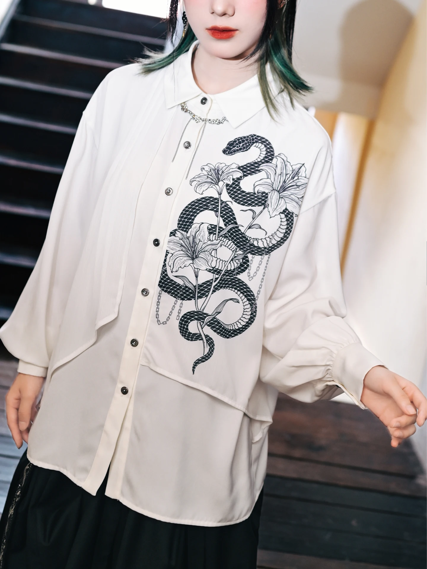 K chinois Sle Double couche imprimé irt Design lanterne Sve Patchwork flocon de neige haut femmes coupe ample longue Sve Blouse