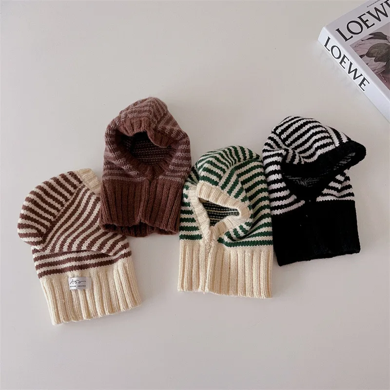 Winter Korean Fashion Children Baby Knit Hooded Scarf Caps Warm Stripe One Piece Hat Kids Accessories