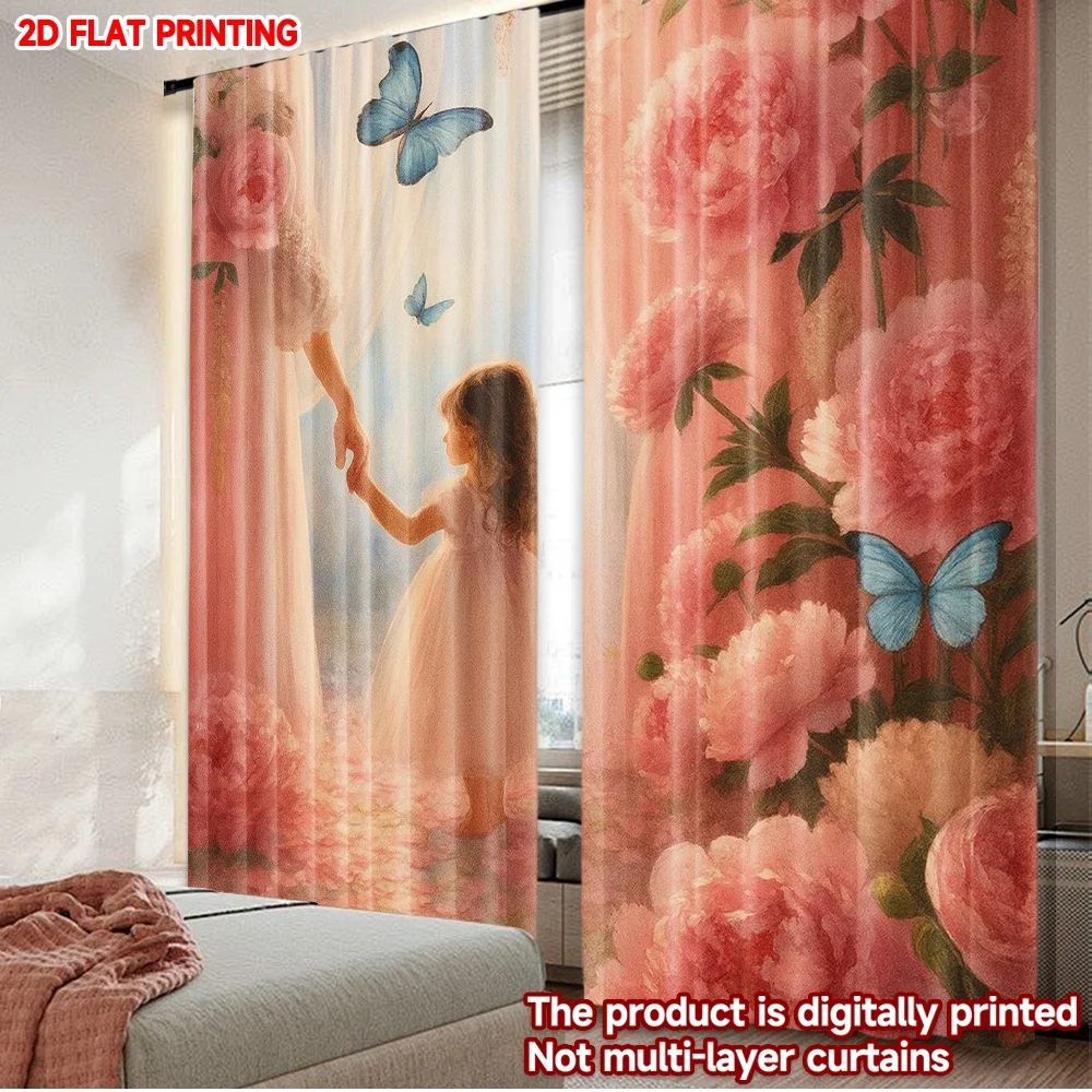 2pcs Mother Daughter Floral Curtains Digital Printing, Pink Blue Butterfly Blossoms with Family Love Pattern Cozy Bedroom Decor