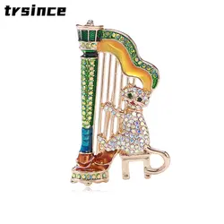 Creative Music Cat Brooch Playing Harp Musician Multicolor Rhinestone Cute Funny Cartoon Pin Animal Brooch Pins Jewelry Gift