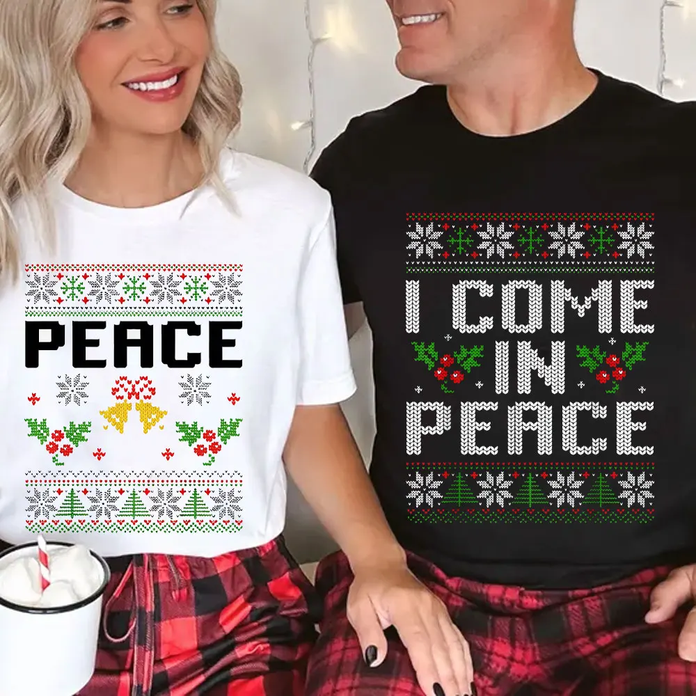 I Come in Peace Couple Matching Ugly Christmas Sweater T-Shirt Harajuku Graphic T Shirts Regular Short Sleeve Casual Style Tops