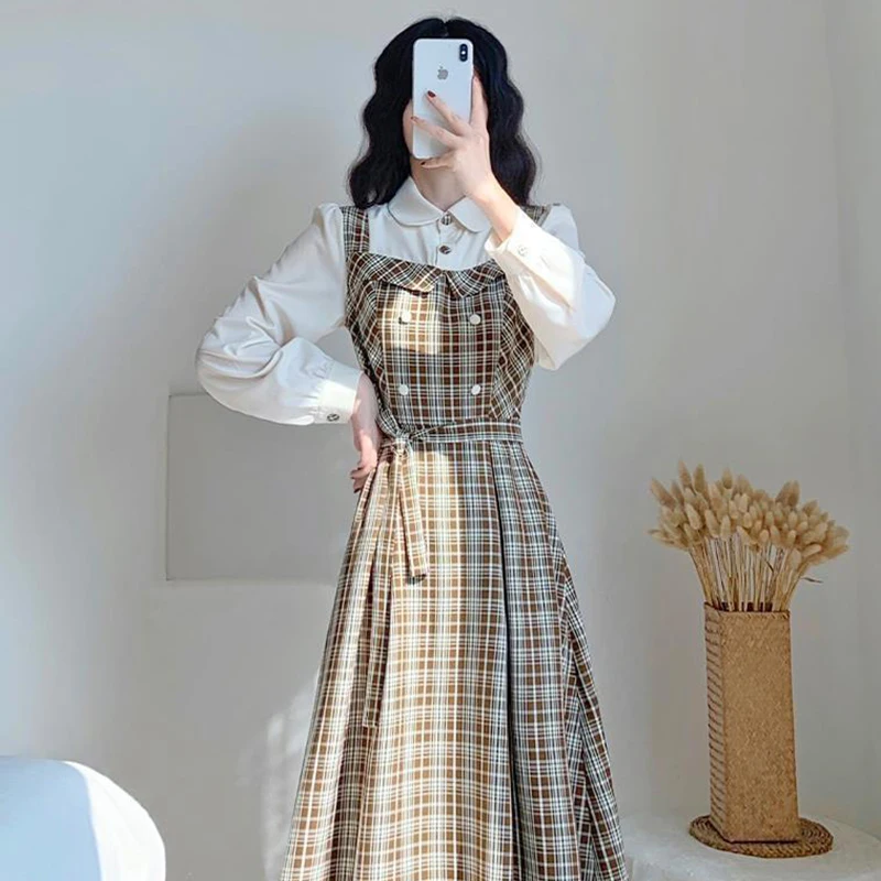 

Retro High-End Women's Dr Slimming Plaid A-Line Long Sve Midi Casual Gingham Waist-Cinching Skirt Autumn Spring Faion
