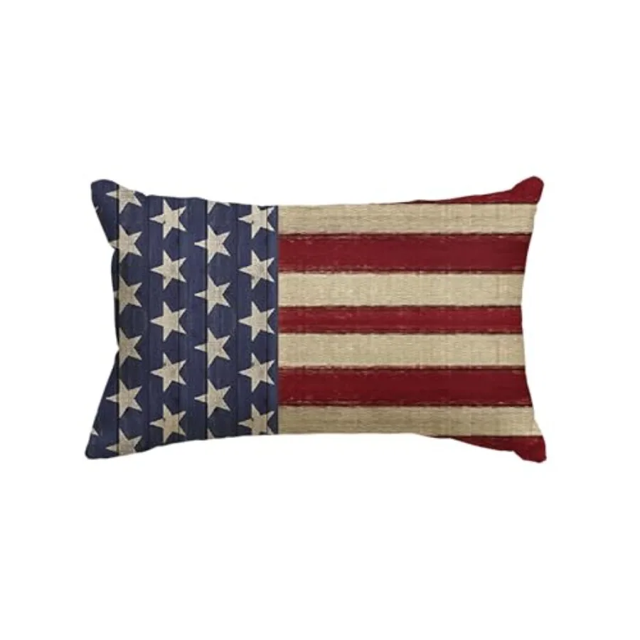 

4th of July Patriotic Independence Throw Pillow Cover, 12 x 20 Inch Memorial Day Stripes America Flag Stars Decor Cushion Case