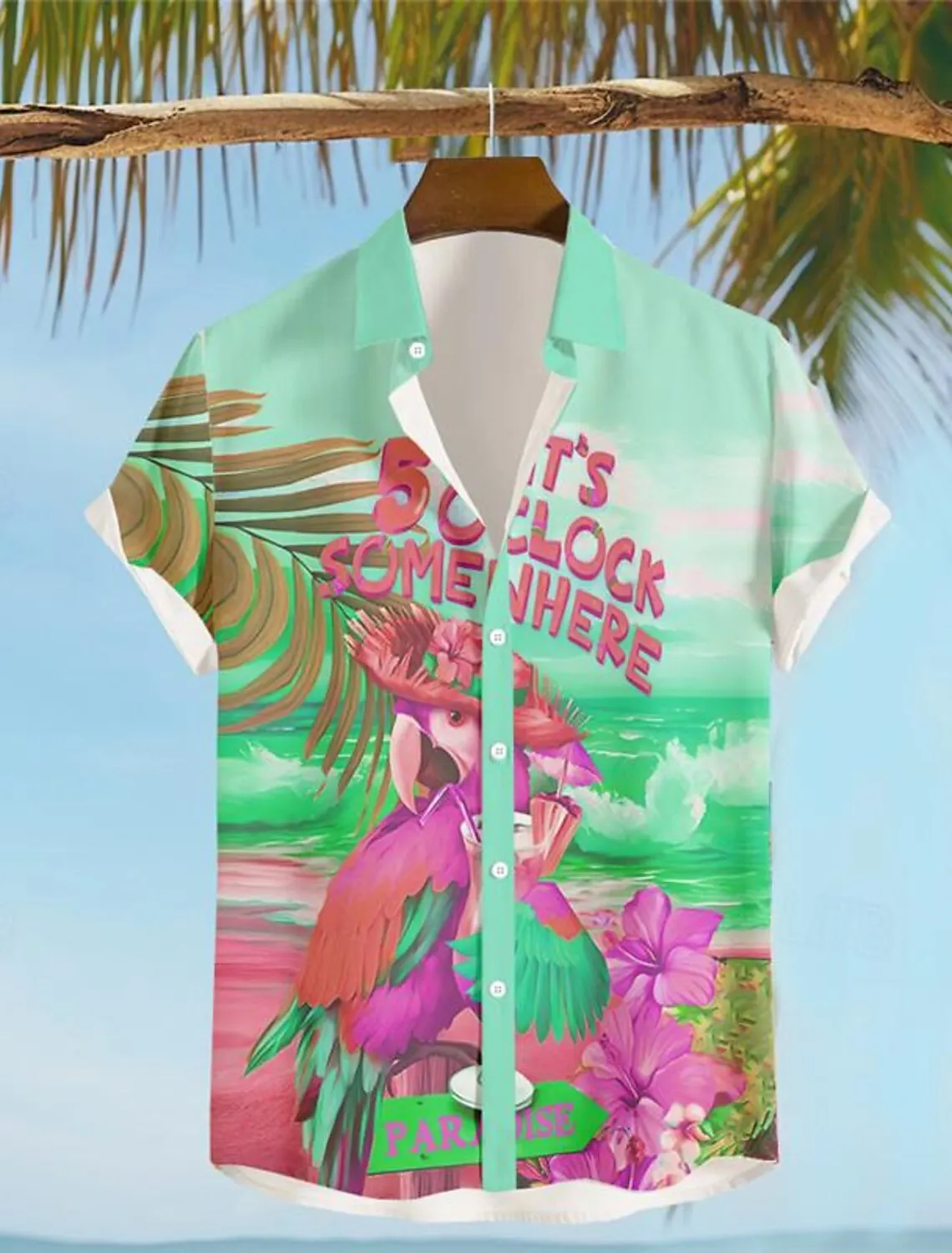 It\'s 5 O\'clock Somewhere Parrot Men\'s Resort Hawaiian 3D Printed Shirt Button Up Short Sleeve Summer Beach Shirt Vacation Wear