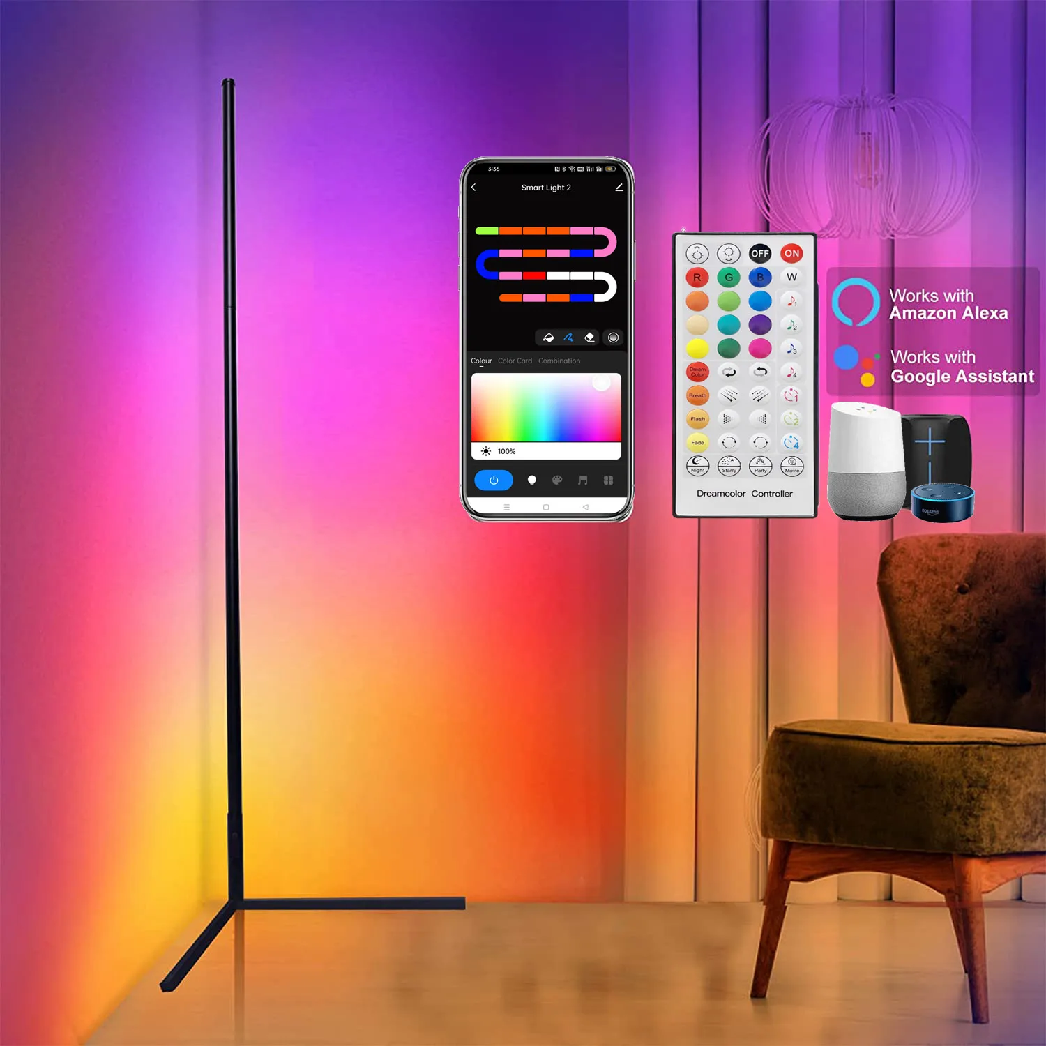 Dimmable Corner Floor Lamp 120/150cm WIFI/Bluetooth Smart RGB LED Mood Light Bedroom Nordic Home Bedside Decor Stand Lighting