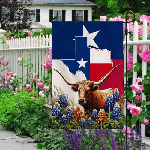 Texas Bluebonnet and Longhorn Flag Garden Flag