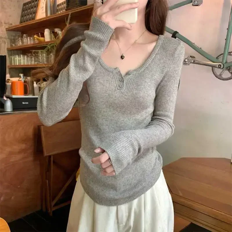 

Long Sleeve Wool Half Button Design Base Layer Top Pure Color Square Collar Early Autumn Korean Style Slim Fit Knitted Sweater