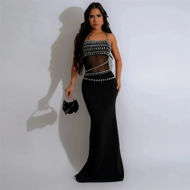 Elegant Rhinestone Party Evening Dresses Women Nightclub Celebrity Spaghetti Strap Sheer Mesh Patchwork Prom Mermaid Maxi Dress