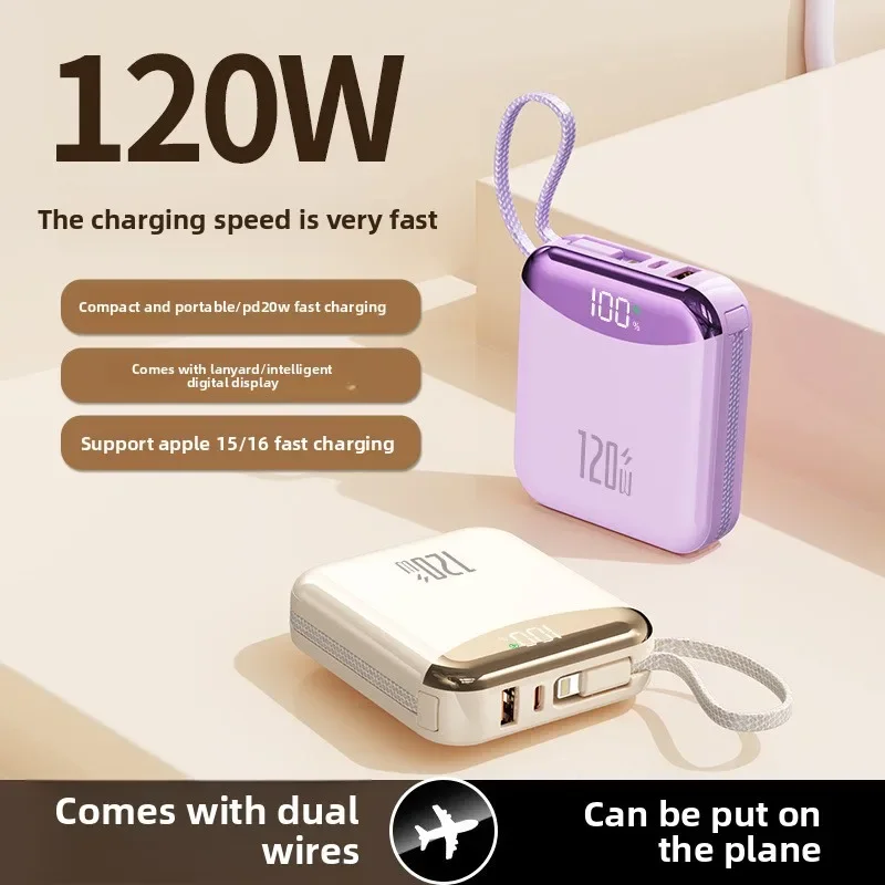 Banco de energía portátil, batería de repuesto de carga rápida de 120W, 20000mAh, 2 cables integrados para IPhone 13, 14, 15 16, Samsung, Huawei, Xiaomi