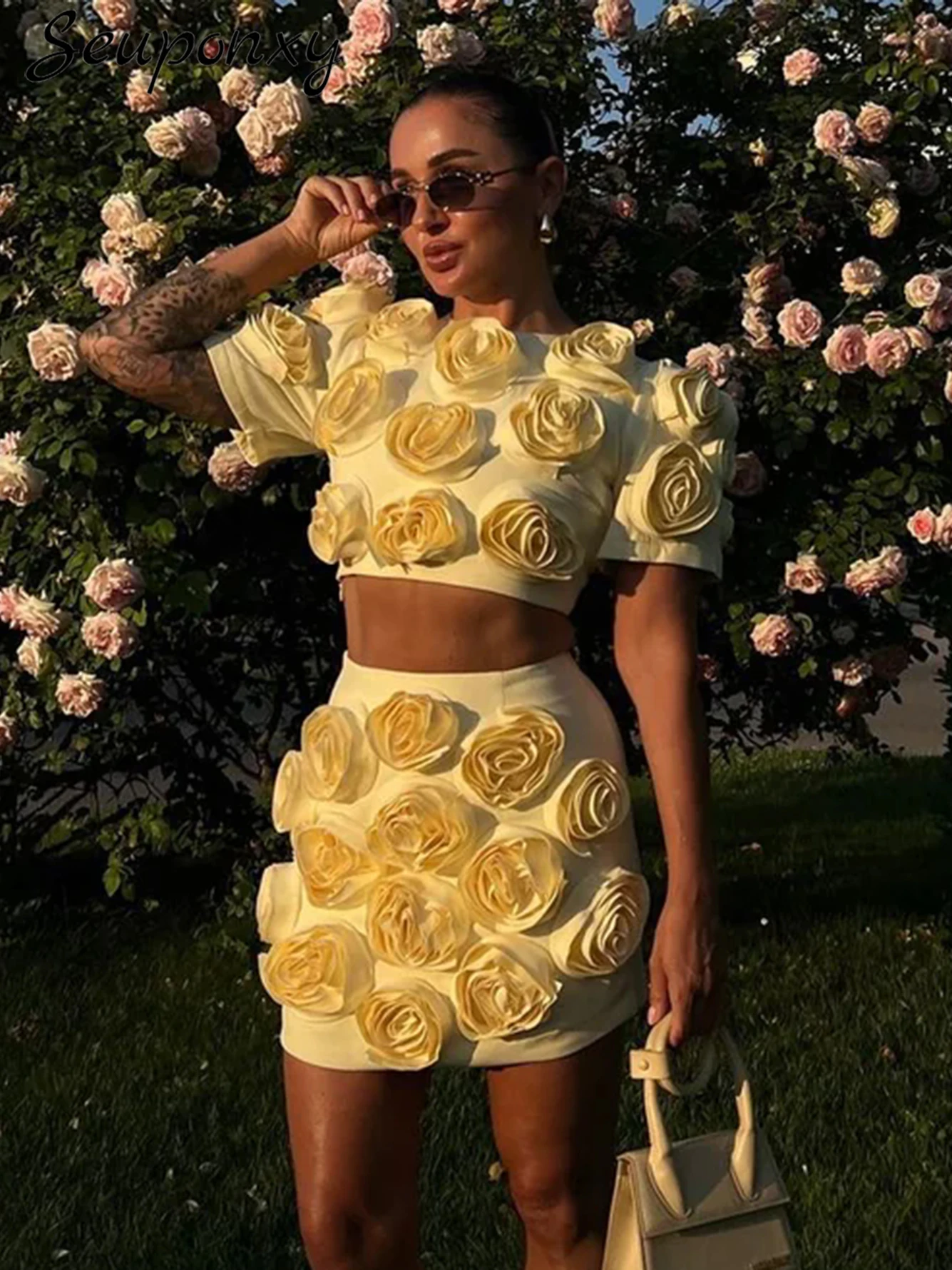 

High Quality 2024 New Women'S 3D Flower Slim Fit Set Sexy O-Neck Puff Sleeve Top+High Waisted Skirt Birthday Party 2-Piece Set