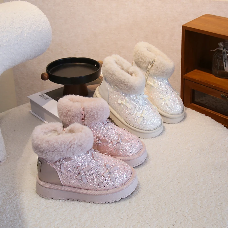 

Детские повседневные зимние ботинки для девочек, зима 2024, новая мода в корейском стиле, нескользящая универсальная теплая обувь принцессы с мягкой подошвой
