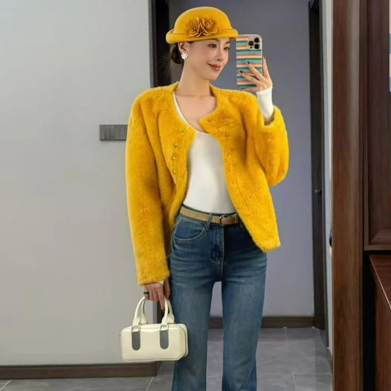 Short Casual Youthful Plush Fur Round Neck Jacket 2026 Winter New Fashionable Eco-friendly Woolen Faux Mink Fur Coat for Women