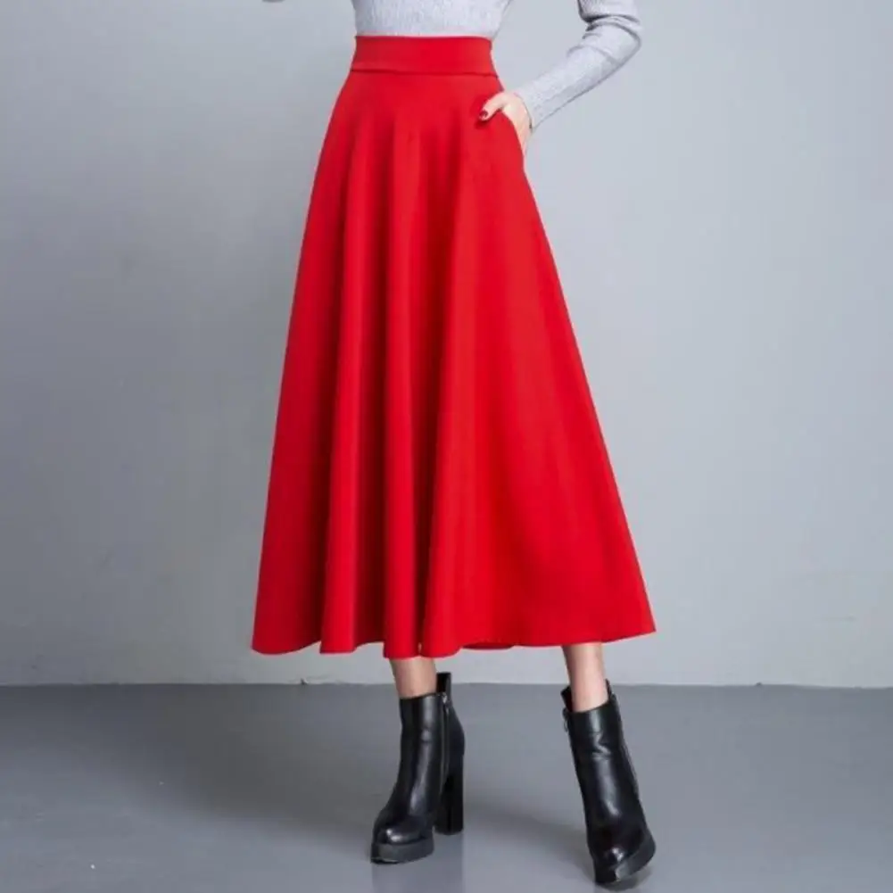 Elastic Waist Large Hem Side Pockets Korean Style Midi Skirt Autumn Winter Lady Solid Color High Waist A-Line Long Skirt Female