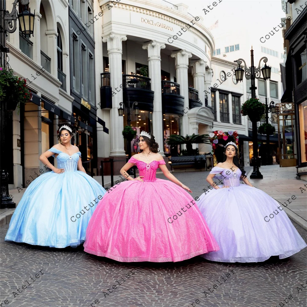 Vestido de quinceañera con hombros descubiertos, corsé rosa, vestido de baile hinchado de cristal, apliques de encaje, vestidos de princesa, 15 años