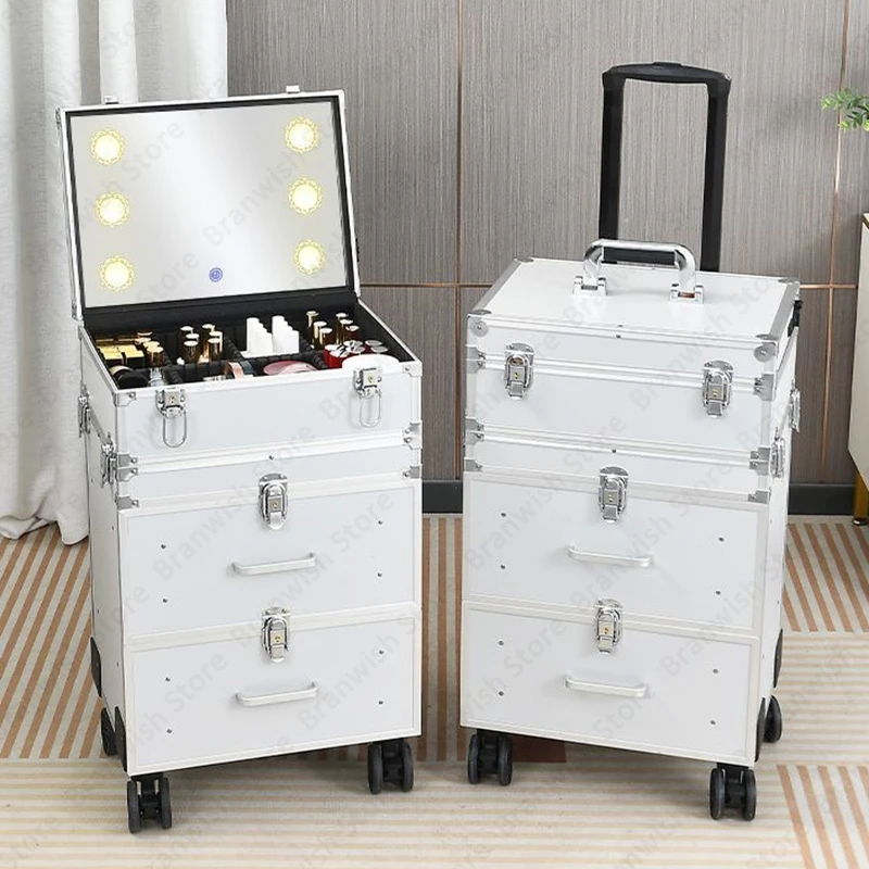 Beauty Professional Rolling Makeup Case With Mirror Manicure Trolley Case Makeup Storage Organizer Travel Cosmetic Train Case