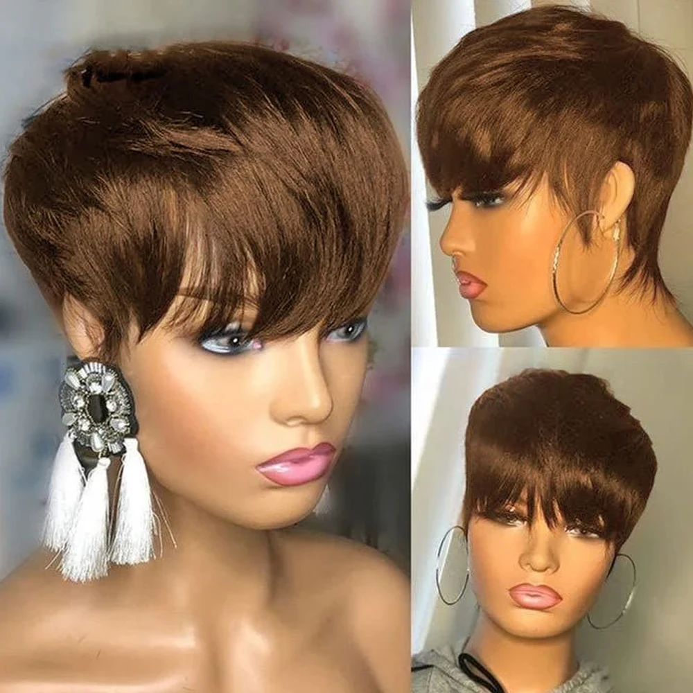 Short Pixie Cut Straight Human Hair Wig with Bangs