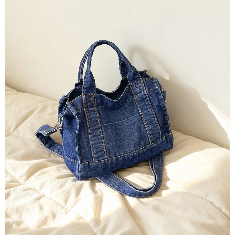 Vintage Washed Denim Mini Tote Bag Women Casual Handbag Detachable Strap Crossbody Shoulder Bag For Daily Use