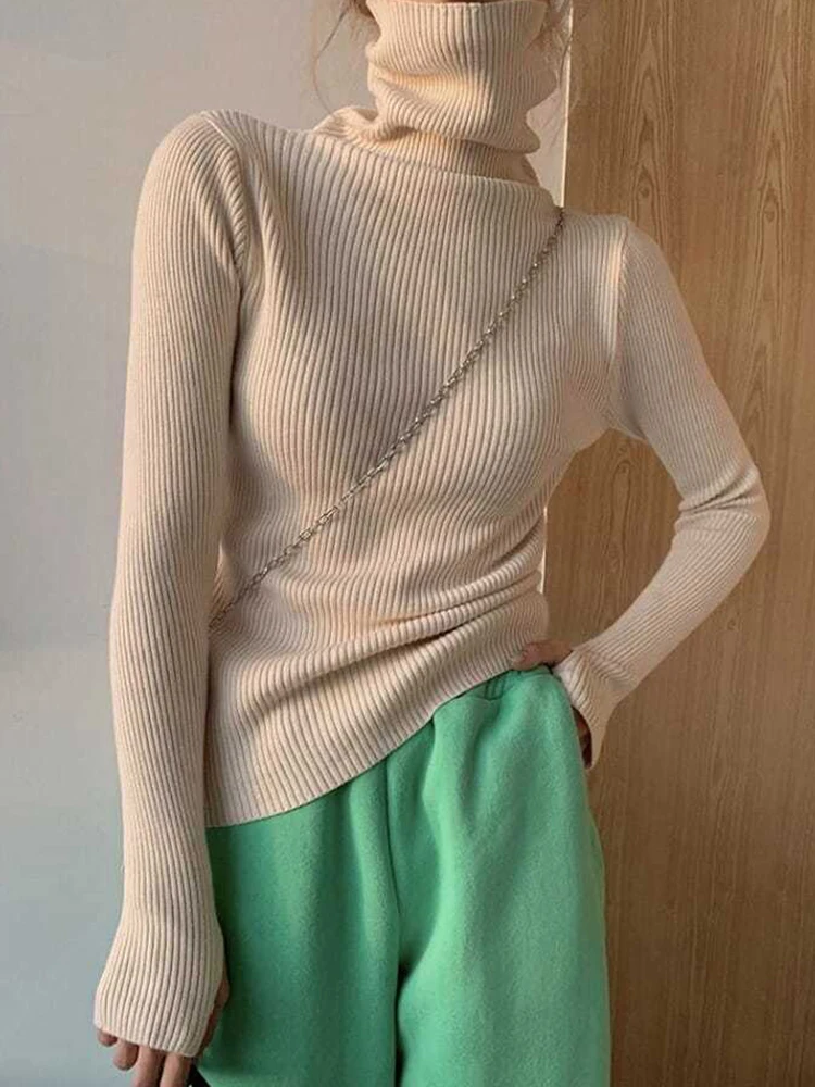 Knitted Sweater Women Korean Version Turtleneck Sweater Winter Solid Color Pullover Slimming Interior Lapping Warm Basic Tops