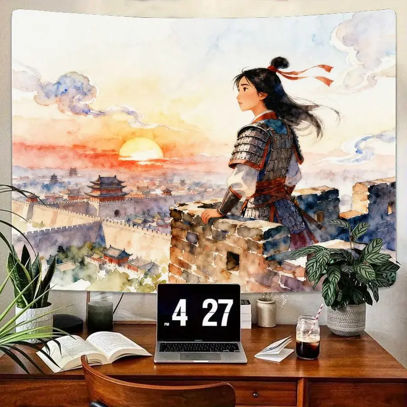 

1 шт., гобелен принцессы воина в стиле мулан, закат, Великая стена и древнее город, акварельное искусство, настенный гобелен, декор комнаты из полиэстера