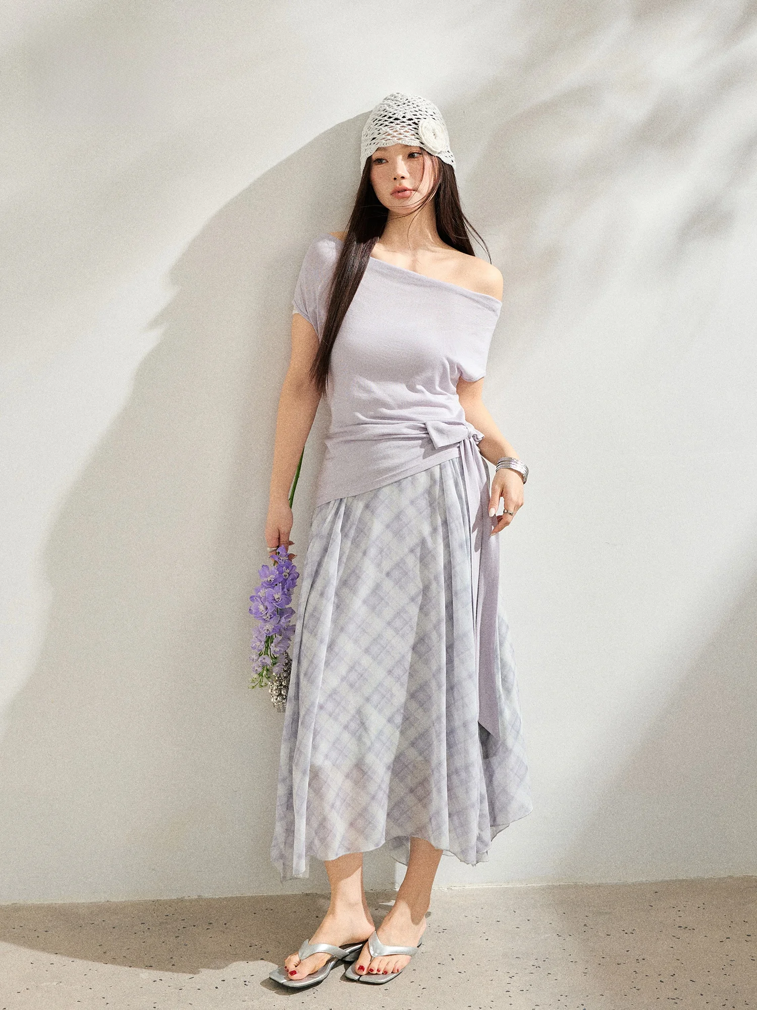 

Женский модный комплект больших размеров: фиолетовая шелковая юбка, асимметричный топ в корейском стиле, стройнящий повседневный наряд для весны и лета