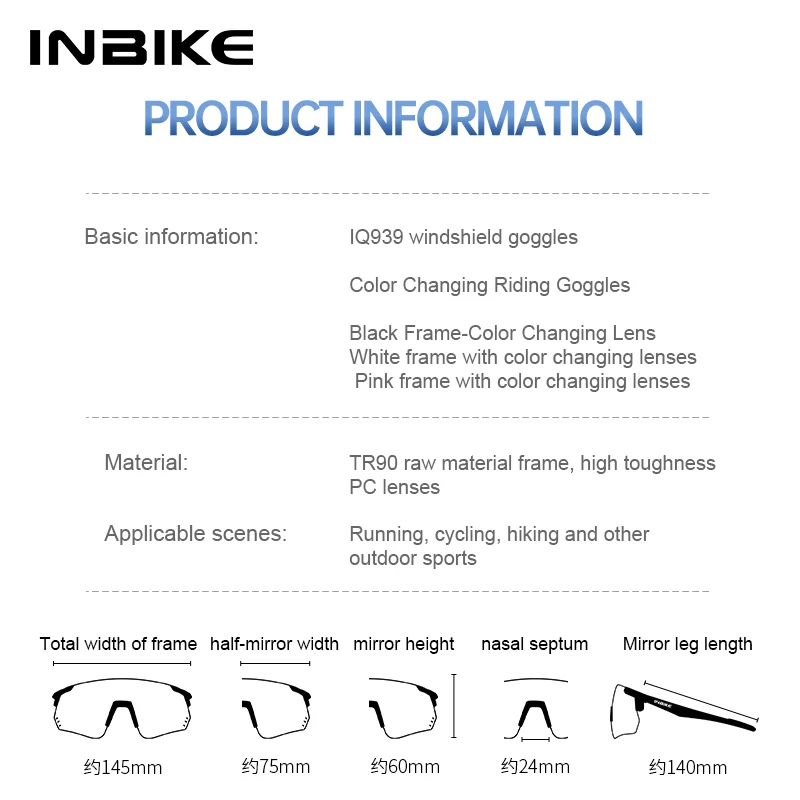 INBIKE Photochromic Cycling Glasses UV Mountain Bike Glasses Riding Sunglasses for Men Womens MTB Riding TR90 Sport Sunglasses