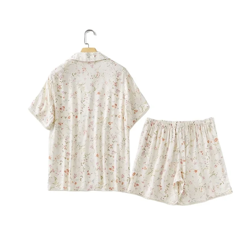 2025 ربيع جديد المرأة بولو منامة موضة أوراق الصفصاف المطبوعة سترة قصيرة الأكمام مجموعة تي شيرتات قصيرة للأطفال ملابس المنزل غير رسمية
