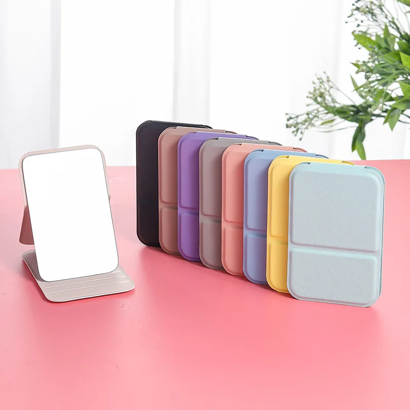 Portable Handheld Makeup Mirror Foldable Desktop Make Up Mirrors Solid Color PU Leather Simple Student Mini Cute Pocket Mirror