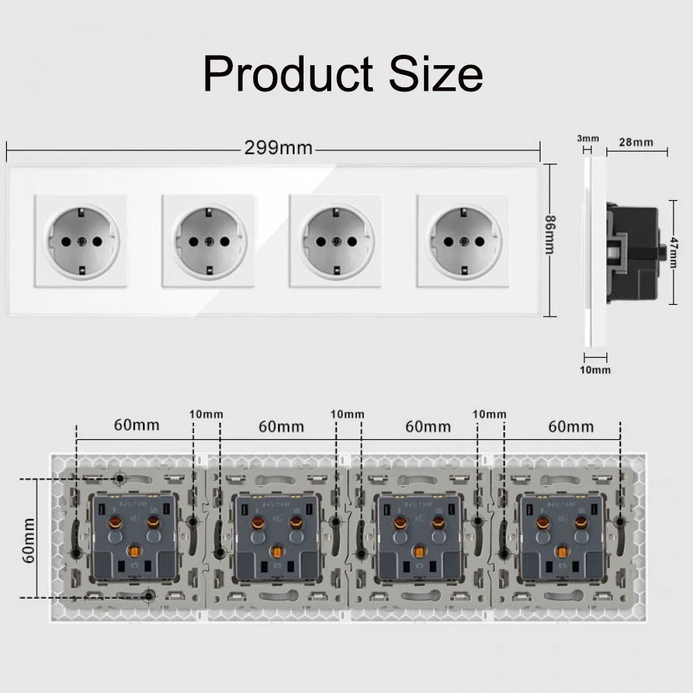 

EU Power Socket Plug 4 Way Crystal Glass Wall Panel 16A European Standard Power Socket PC Flame Retardant Power Socket