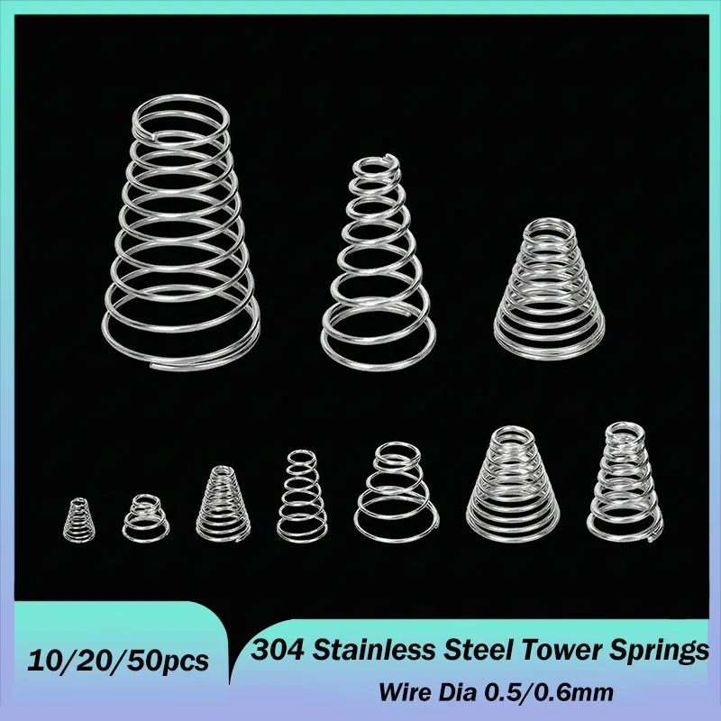 10/20/50pcs Wire Diameter 0.5mm 0.6mm 304 Stainless Steel Tower Springs Conical Cone Compression Spring Pressure Spring Taper