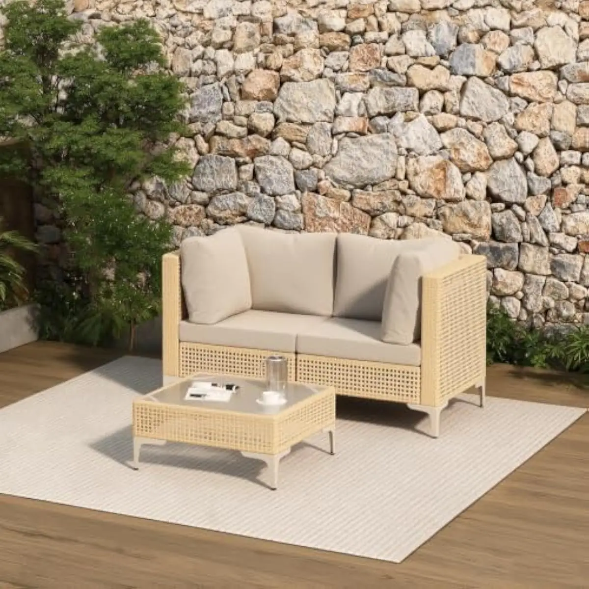 Boho-Inspired Outdoor Sofa Set with Modular Corner Chairs and Coffee Table – Weatherproof PE Rattan Frame, Beige Water-Resistant