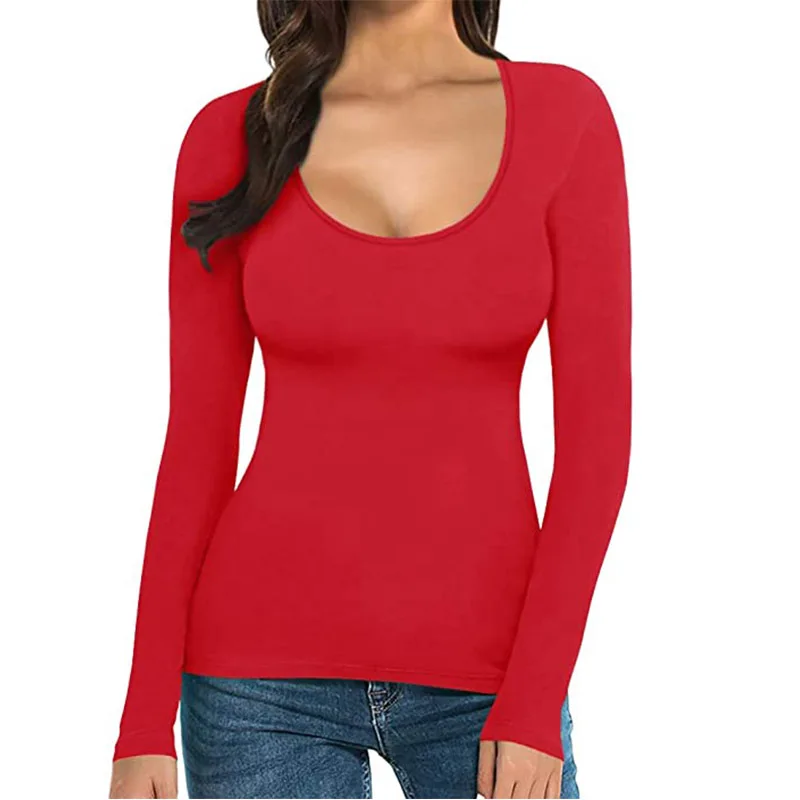 H Foreign Trade Women's T-shirts Are Hot in And Other Solid Colors, Low U-neck Slim-fitting Bottoming Long-sleeved Tops Cw52124.