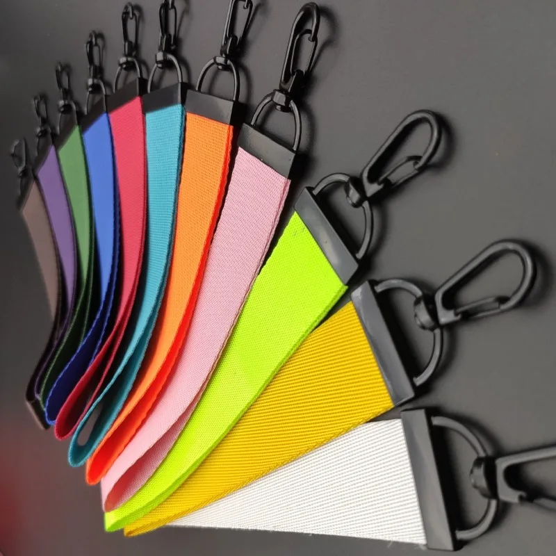 Custom LOGO Keychain Blank Solid Color Ribbon Personalize Text Bookbag Webbing Pendant Motorcycle Keyring Weave Short Lanyard