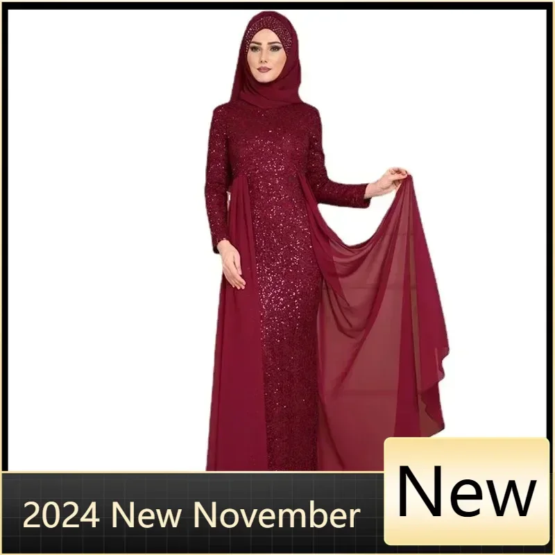 Women Muslim Fishtail Formal Dress Long Sleeve Islamic Clother Slim Fit Noble Abaya Turkey Sequin Elegant Malaysia Morocco