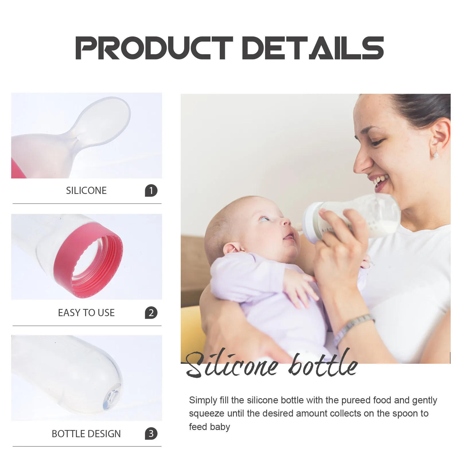 

Набор из 3 силиконовых бутылочек для детского питания: сжимаемые одной рукой, для пюре и прикорма, посуда для младенцев