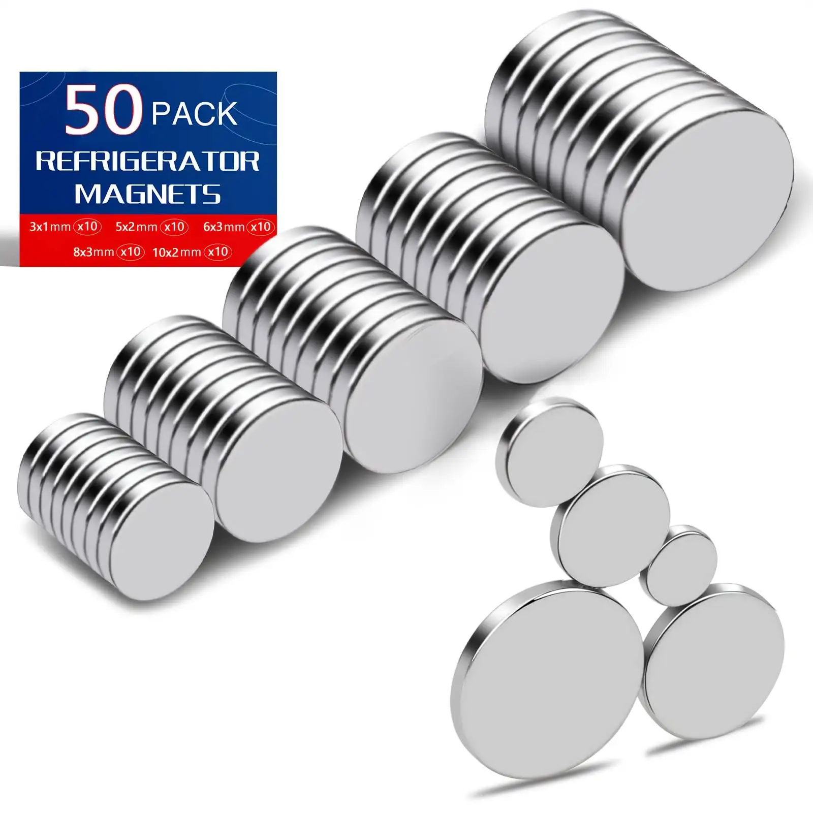 50 imanes pequeños de 5 tamaños diferentes, imanes para refrigerador, mini imanes, imanes de disco para nevera, pizarra, cartelera