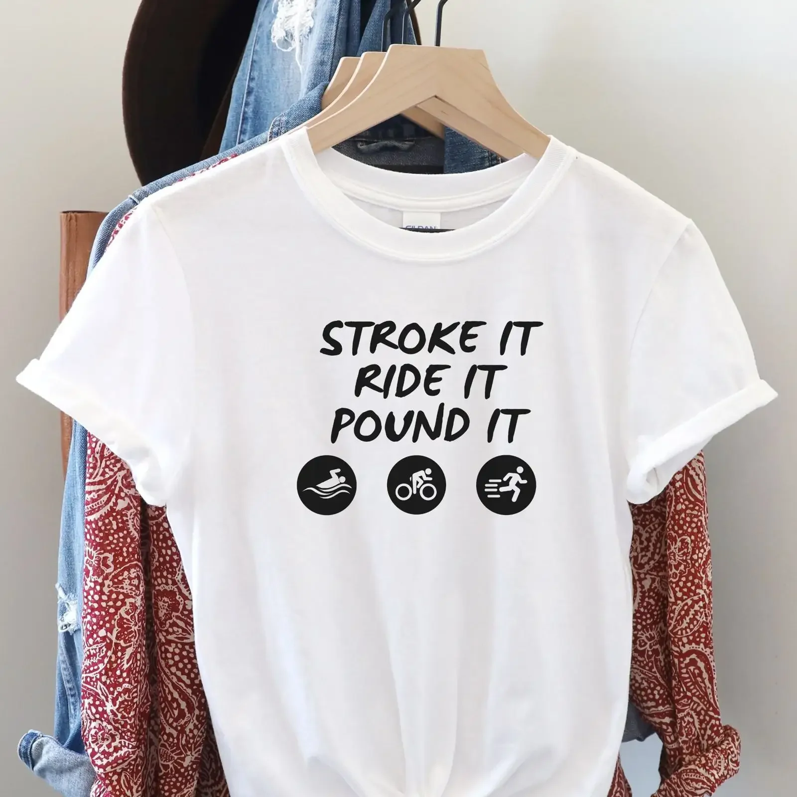 Stroke It Ride Pound Funny Triathlon T Shirt Swim Bike Run Casual For Triathlete Swimmer Biker Runner vintage Washed