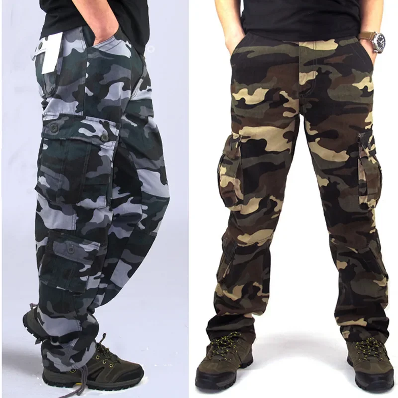 Pure Cotton Multi-pocket Loose Straight Cargo Pants Men Spring Autumn Outdoor Camouflage Casual Sport Trouser Overalls Plus Size