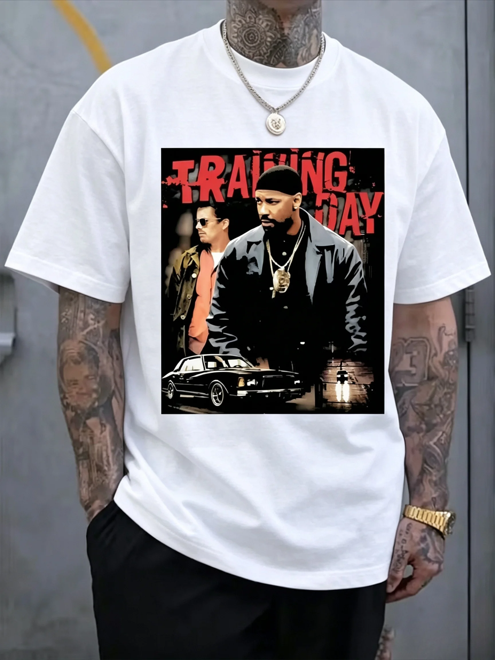 Training Day Black and Red Graphic T-Shirt for Big Men - Stylish Crew Neck Cotton Tee with Unique Design Featuring Bold Characters and Car Scene, Perfect for Casual Wear and Everyday Comfort