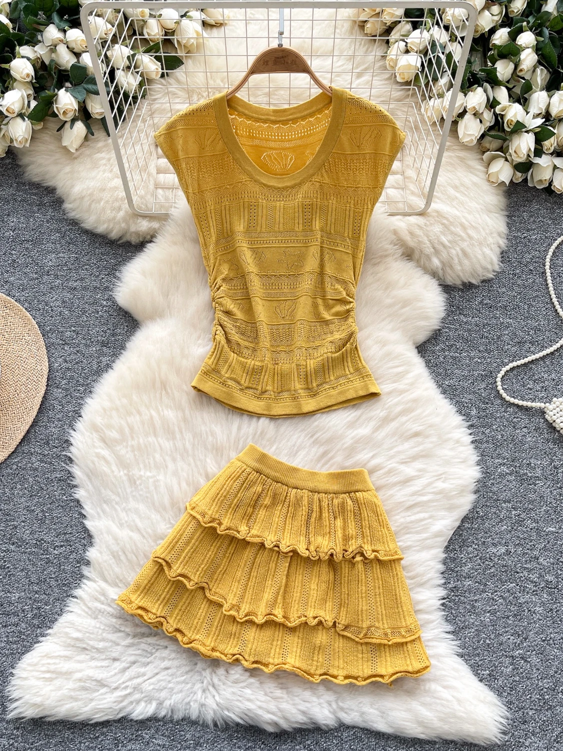 

Korean Sle Sweet Soft Summer Women's Clothing Hollow out Knitted Waist Cinching Top High Waist Lace Trim f Skirt