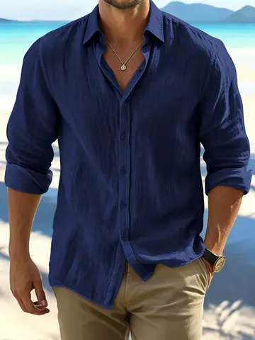 Camisa de Manga Larga Estilo Lino para Hombre, Delgada, Transpirable, Corte Holgado, Protección Solar, Ideal para Vacaciones en la Playa y Uso Diario
