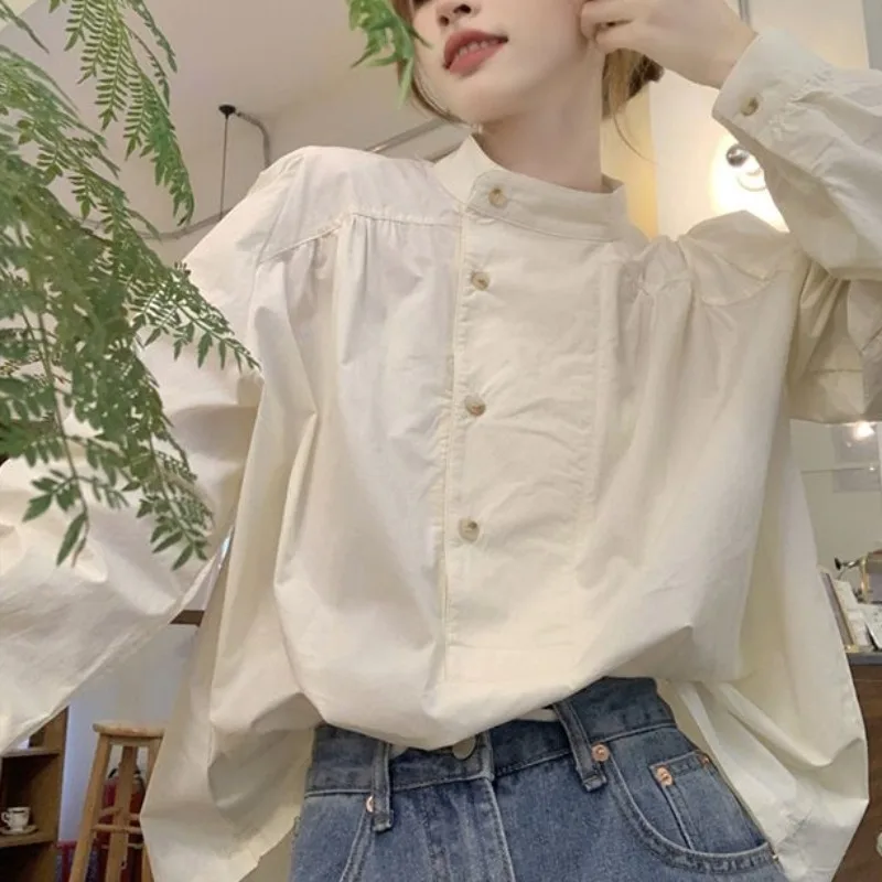 Vintage Shirts Women Apricot Stand Loose Long Sleeve Graceful French Style Streetwear Y2k Tops Popular Basic Office Lady Chic