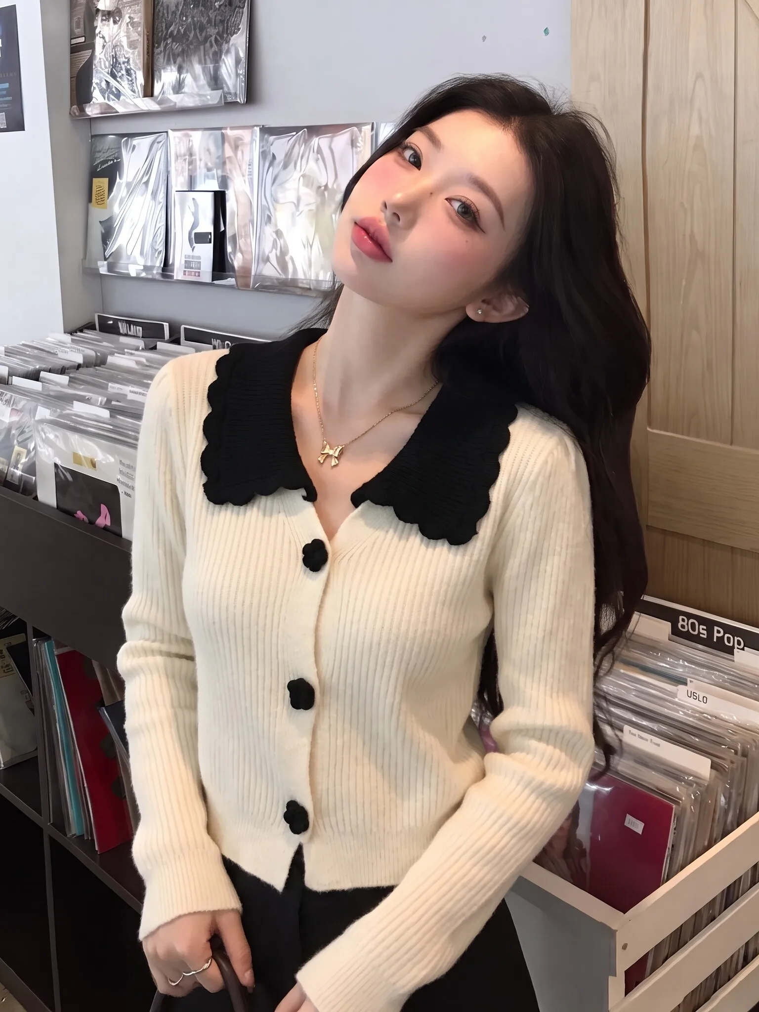 plus Size Women's Korean Style Color Block Doll Collar Long Sleeve Knitted Open Cardigan Autumn Sweater Design Sensation Top
