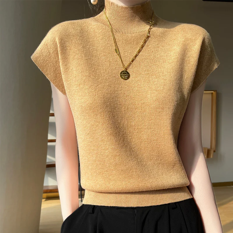 Merino Wool Knitted T-shirt Women's Summer 2023 New Half Height Pullover Short Sleeve Vest Fashion Basic Solid Color Women's Top