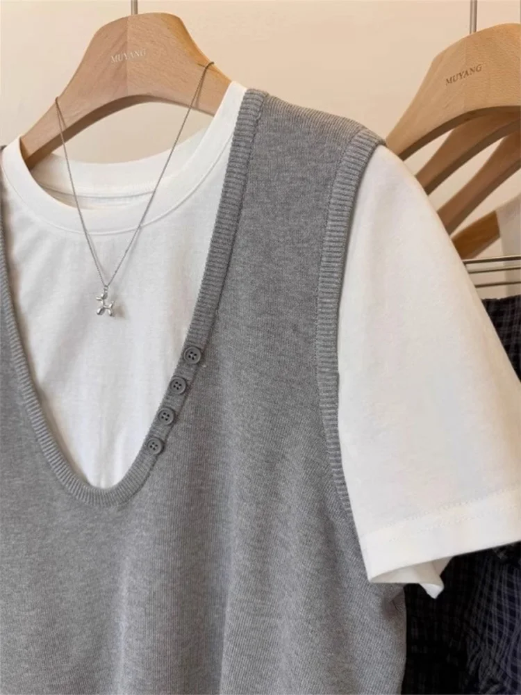 Koreanische Sle V-Ne ort Sve Gestrickte Top Lose Fit Sommer Abnehmen T-shirt frauen Faion Casual Grundlegende Farbe