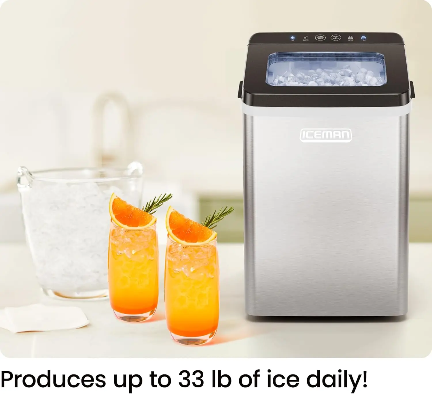 Pebble Ice Machine, Countertop Nugget Ice Maker Produces Chewable Pellet Ice in 20 Minutes, Makes 33lbs/Day, with One-Touch