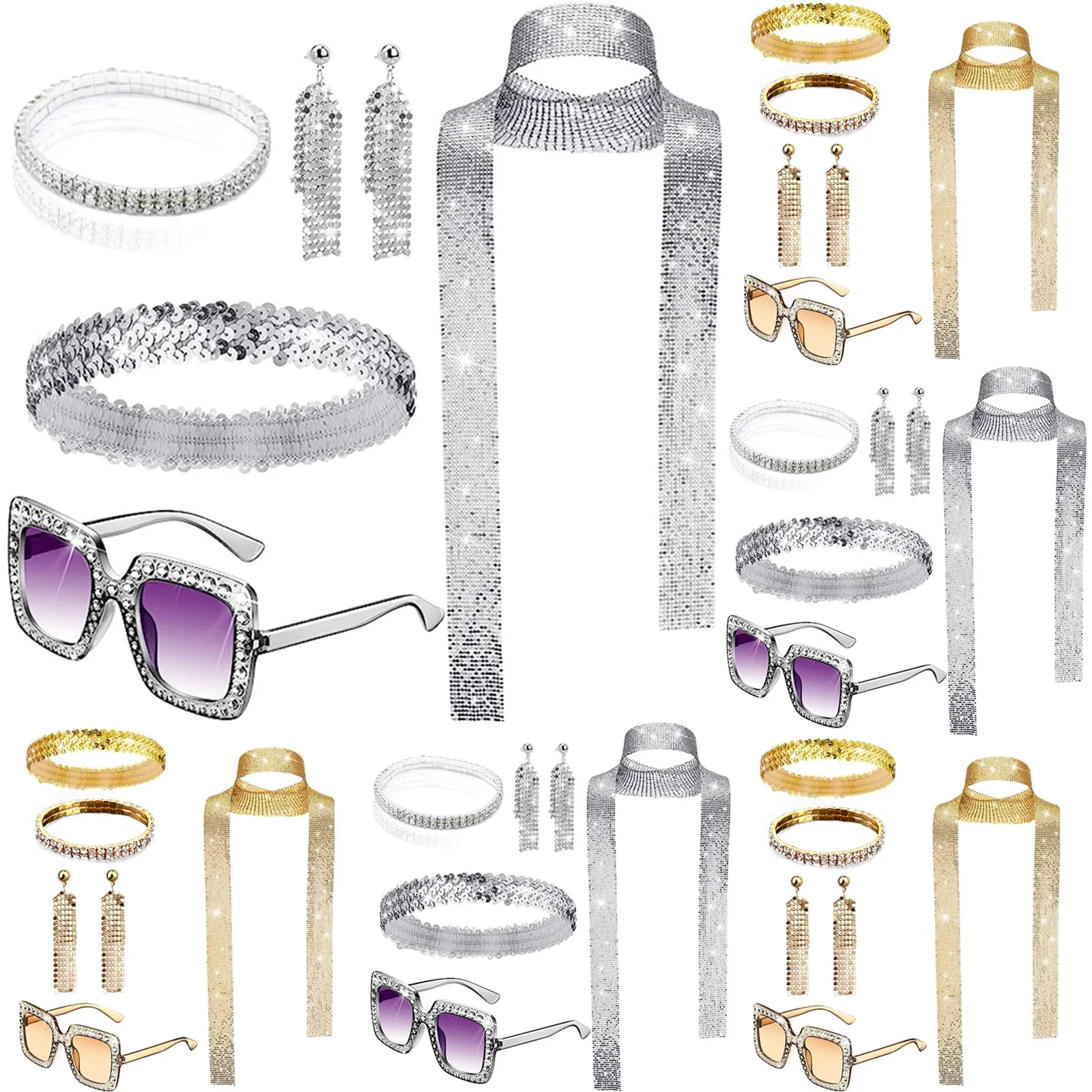 5 Pieces 1970s Disco Costume Set Disco Accessories Bling Sunglasses Long Scarf and Earrings 70s Jewellery Sets Cosplay Outfits