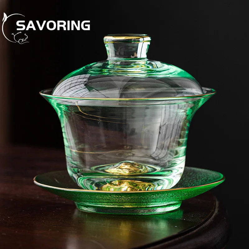 200ml Ice-green Crystal Glass Tea Tureen Outline In Gold Sancai Tea Bowl Tea Maker Gaiwan Teacup Household Kung Fu Teaware Set