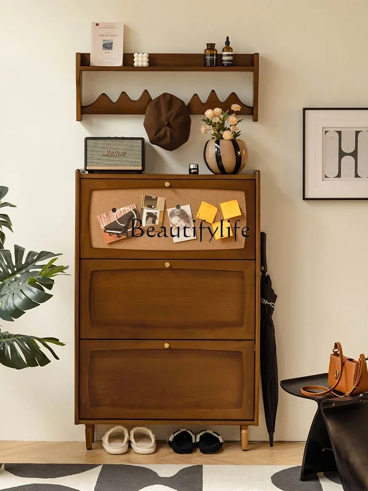 Q S French Household Dust-Proof Ultra-Thin Solid Wood Shoe Cabinet Living Room Simple Entrance Door Storage Locker